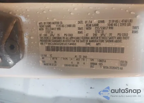 2014 Ford Escape Se from USA, damaged, VIN 1FMCU9GX2EUC14993